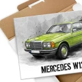 Mercedes-W123-Coupe-plakat-metalowy-z-pudlem.webp